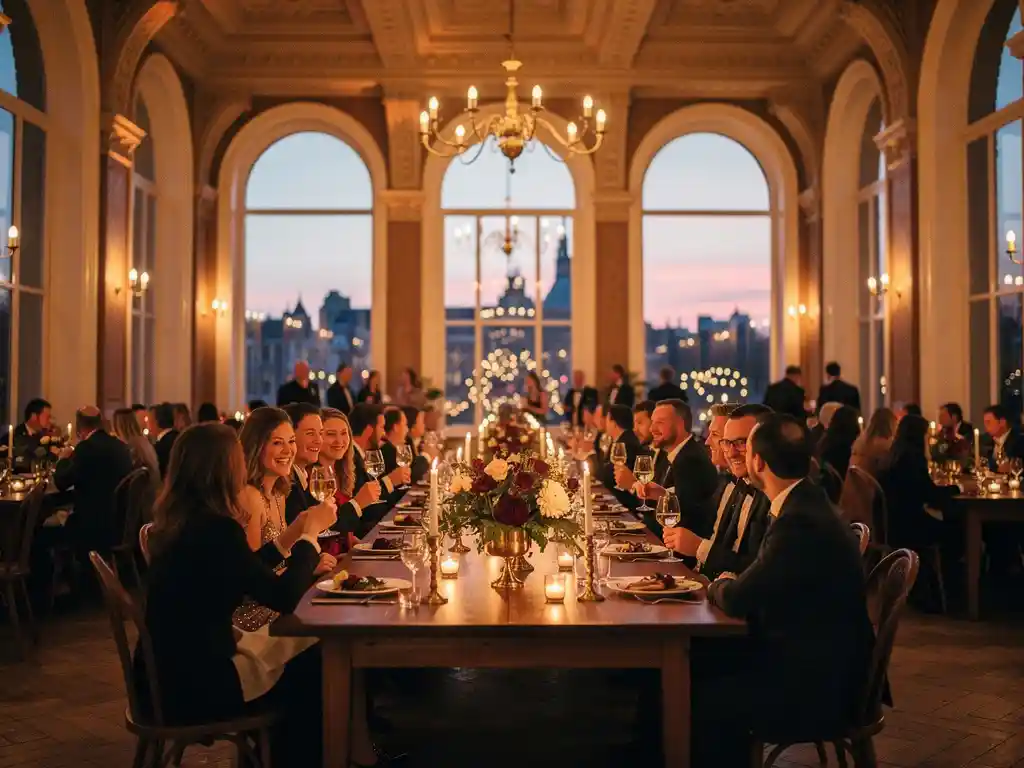 Feestelijk personeelsdiner in historische Utrechtse zaal met kaarslicht, bloemstukken en hoge gewelfde ramen bij schemering.