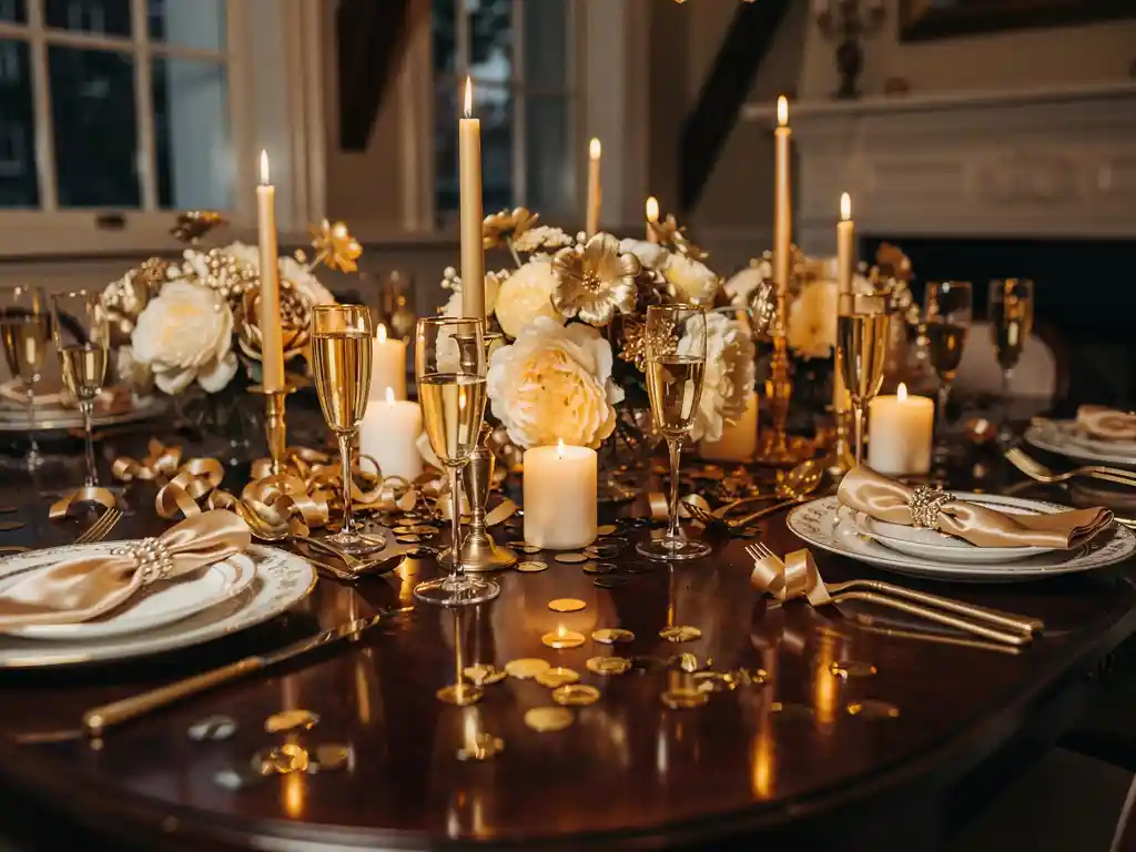 Feestelijke tafel met gouden champagneglazen, crème-gouden bloemstukken en kaarsen in een Amsterdams grachtenpand.