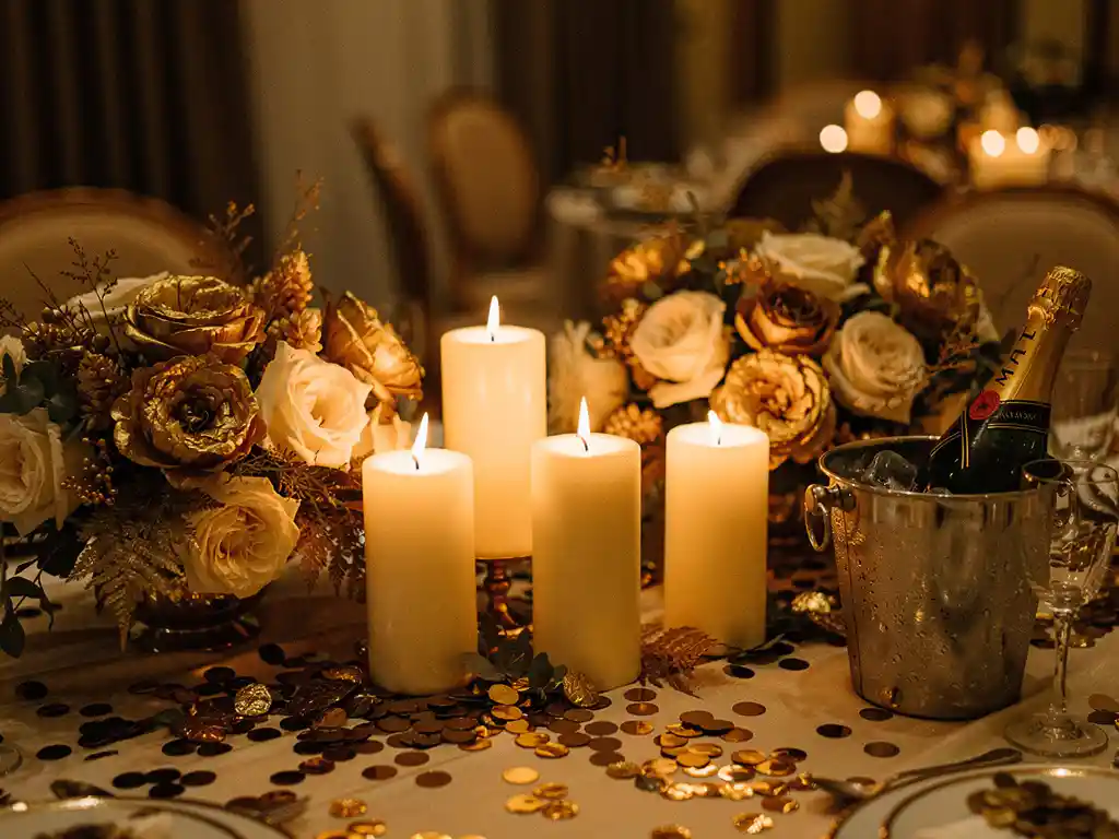 Feestelijk gedekte tafel met vijf brandende ivoren kaarsen, gouden bloemstukken, champagne en metallic confetti in warm kaarslicht.