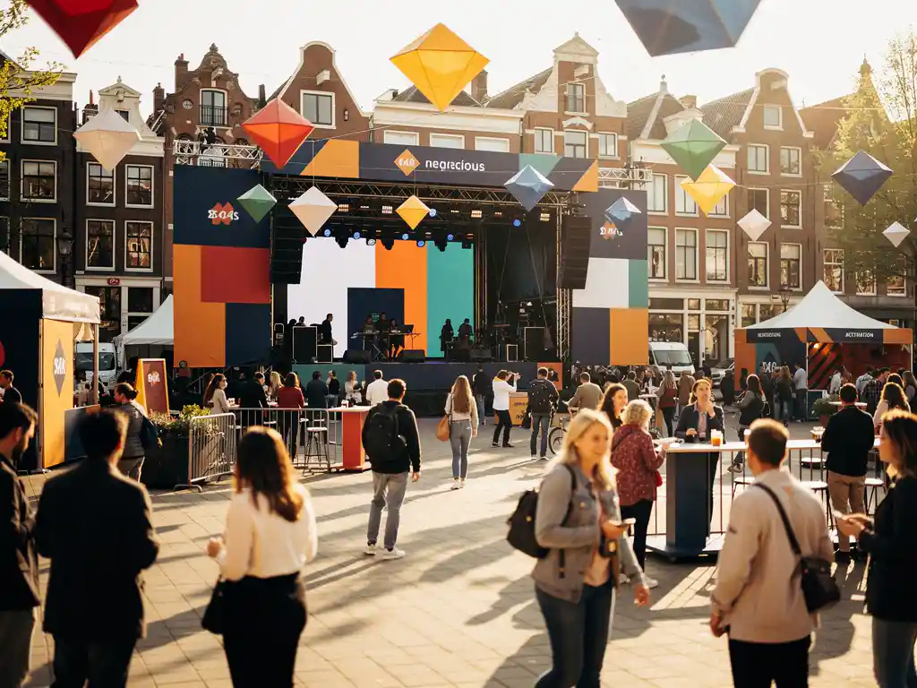 Druk buitenfestival in Amsterdam met een groot podium, kleurrijke installaties en bezoekers op een zonnig stadsplein bij gouden avondlicht.
