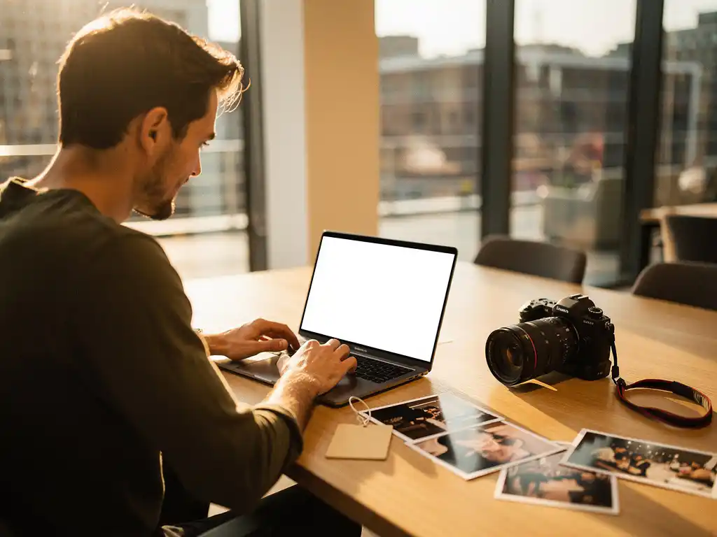 Fotograaf bekijkt evenementbeelden op laptop in modern Amsterdam kantoor, met camera en afgedrukte foto's op eiken bureau.