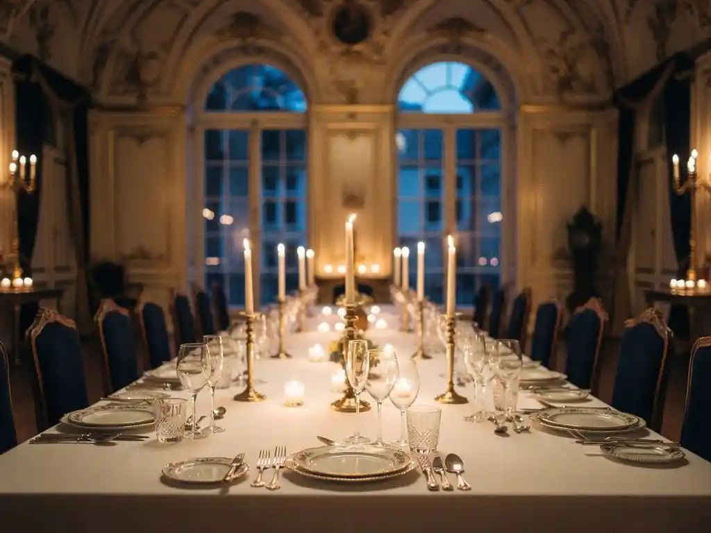 Feestelijk gedekte gala-tafel met kandelaars, kristallen glazen en wit linnen in een elegante balzaal met gouden plafondornamenten.