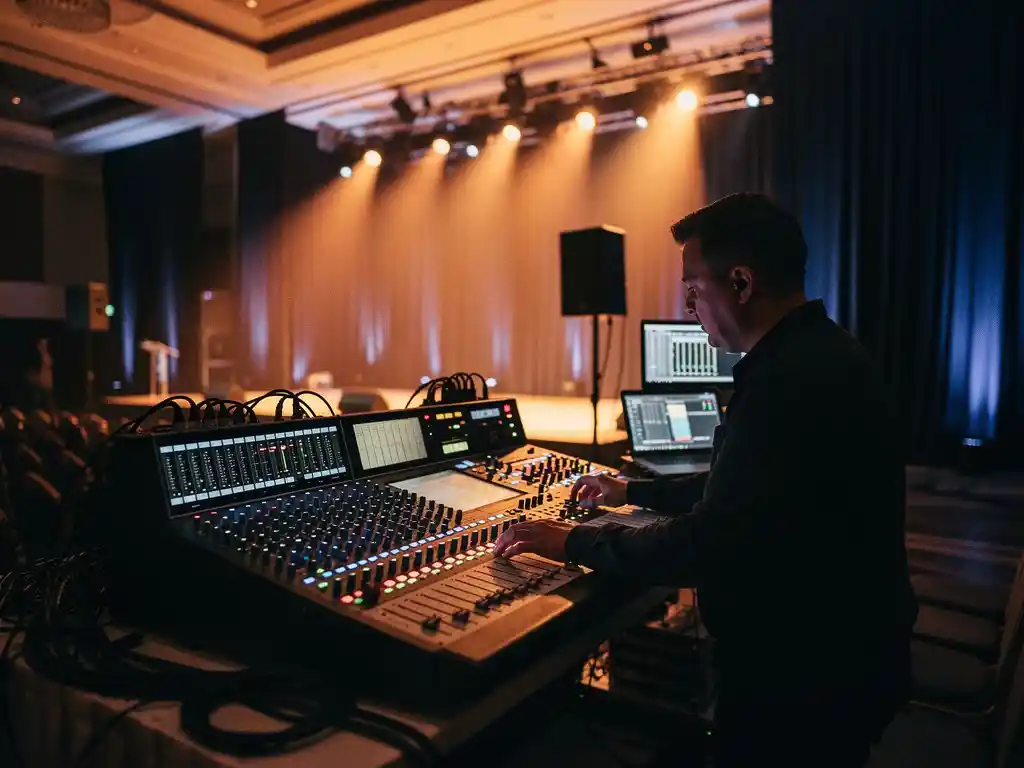 AV-technicus bedient een grote mengpaneel in een donkere techbooth, met een verlicht bedrijfsevenementpodium op de achtergrond.