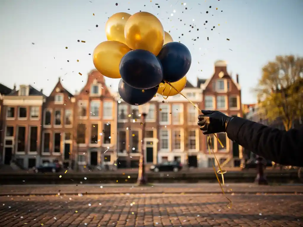 Gehandschoende hand laat gouden en marineblauw ballonnen los boven Amsterdams keistraatplein bij gouden uur, confetti in de lucht.