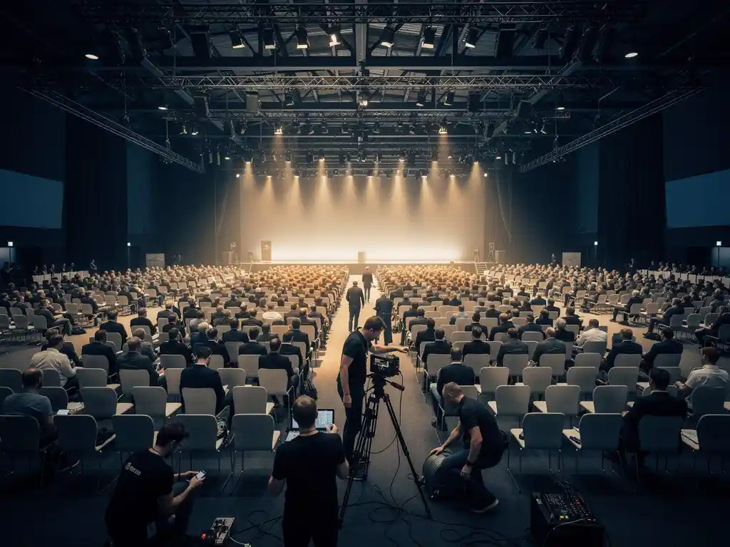 Drukbezochte moderne conferentiezaal met honderden bezoekers, verlicht podium op de achtergrond en crew die de opstelling coördineert.