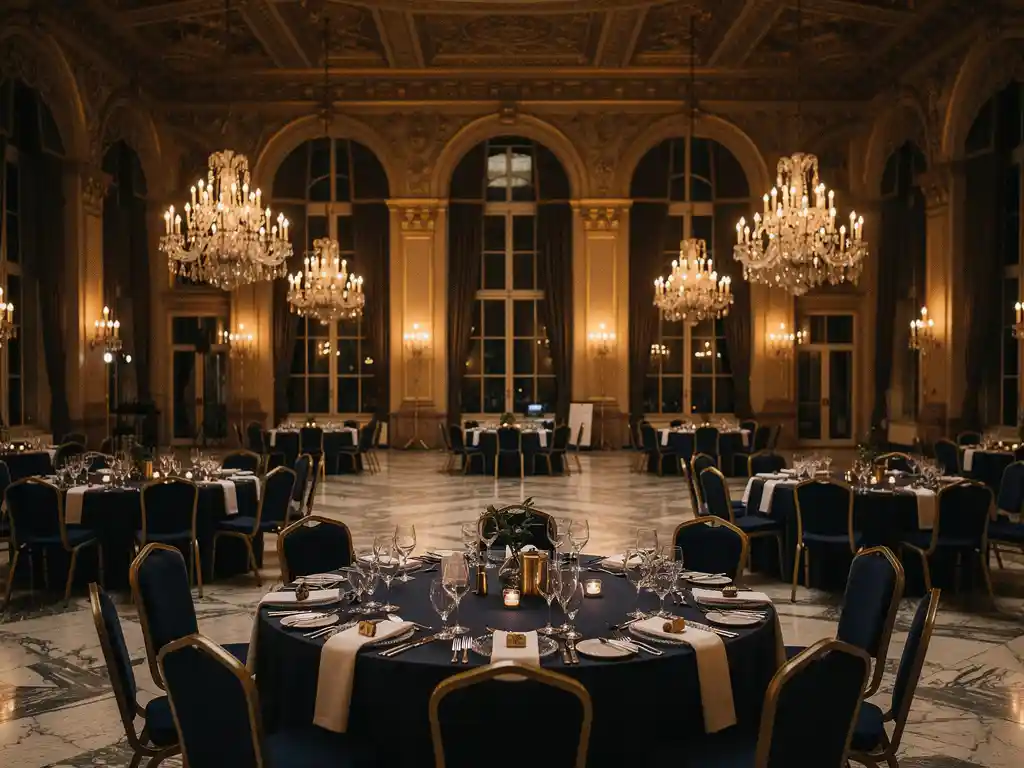 Historische balzaal in Den Haag opgesteld voor een zakelijk gala, met vergulde plafonddetails, kristallen glazen en kaarslicht.