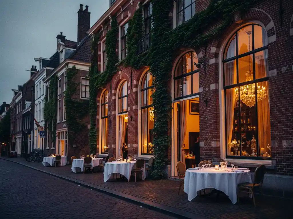 Historisch Haarlems grachtenpand als trouwlocatie met witte linnen tafels, gloeiende kroonluchters en klimopgevel in schemerlicht.