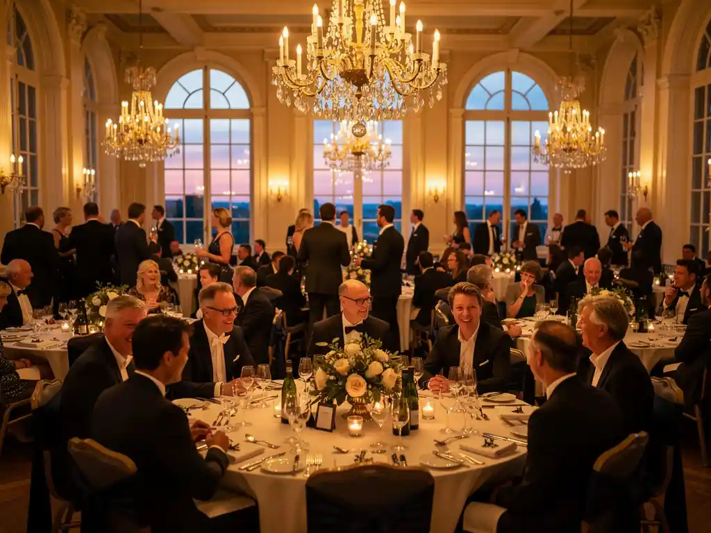 Elegante feestzaal in historisch Nederlands pand met gasten onder kroonluchters, boogvensters en bloemstukken in Zuid-Holland.
