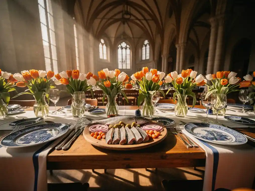 Gedekte houten bankettafel met oranje-witte tulpen, Delfts blauwe borden en haringschotel in een historische Haagse zaal met hoge boogvensters.
