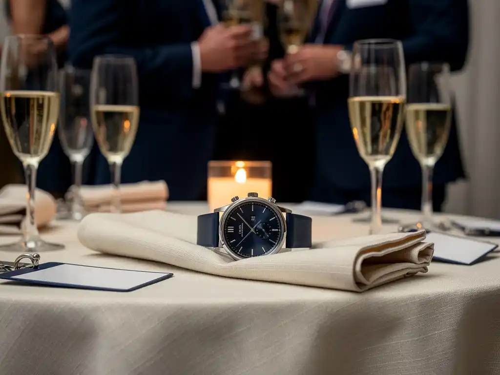 Polshorloge op linnen cocktailtafel tussen champagneglazen en naamkaartjes, kaarslicht weerspiegeld in glas, netwerkevenement op de achtergrond.