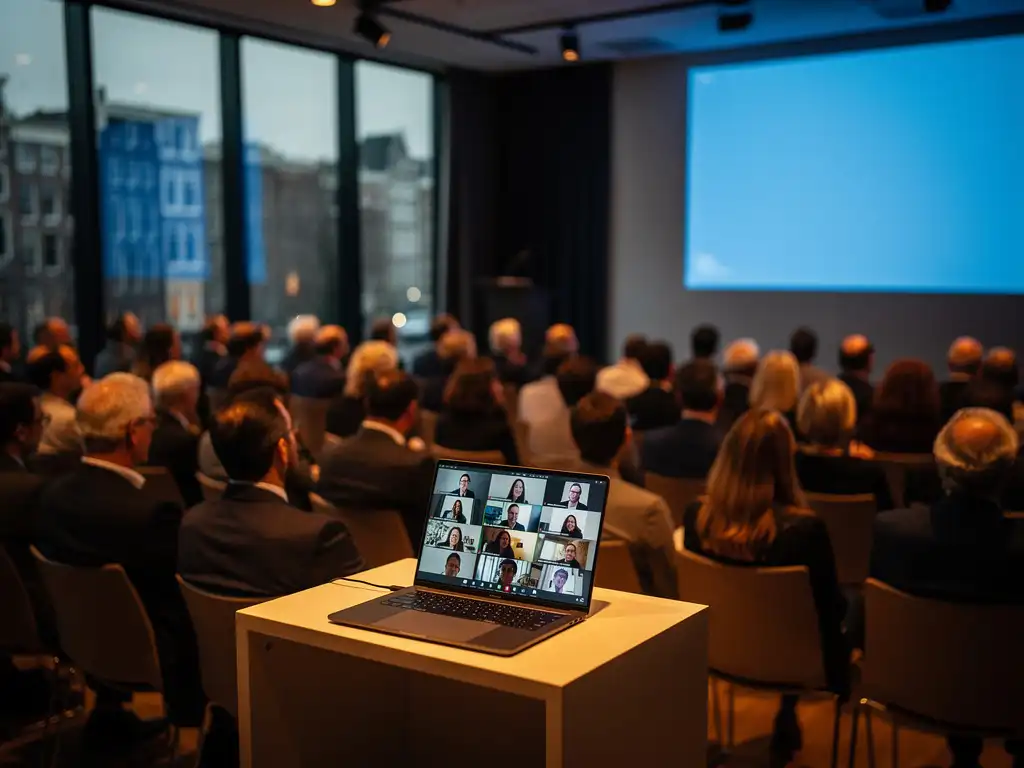 Seminarruimte in Amsterdam met publiek dat luistert naar presentatie, laptop op podium met externe deelnemers, warme verlichting en grote ramen.