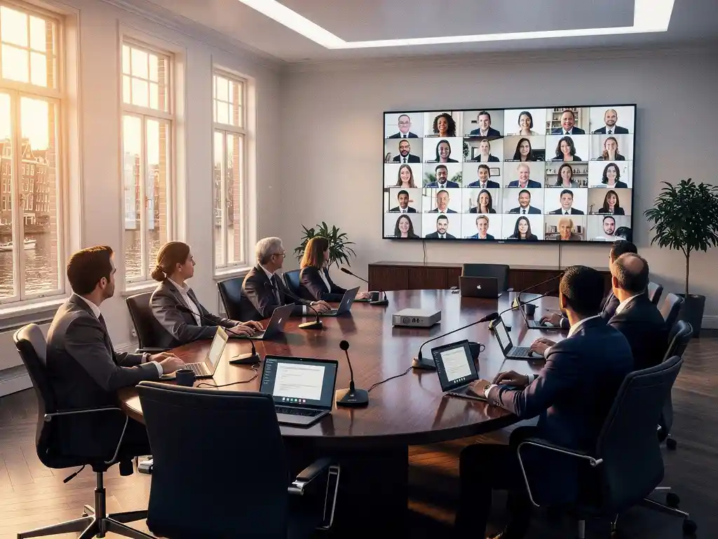 Hybride vergadering in Amsterdamse conferentieruimte met remote deelnemers op groot scherm, zakelijke aanwezigen rond ovale tafel met laptops.
