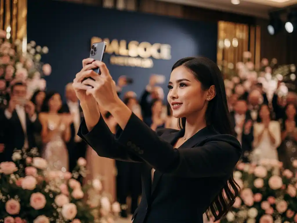 Influencer houdt smartphone omhoog op glamoureus brandevenement, omgeven door bloemeninstallaties en elegante gasten in warm licht.
