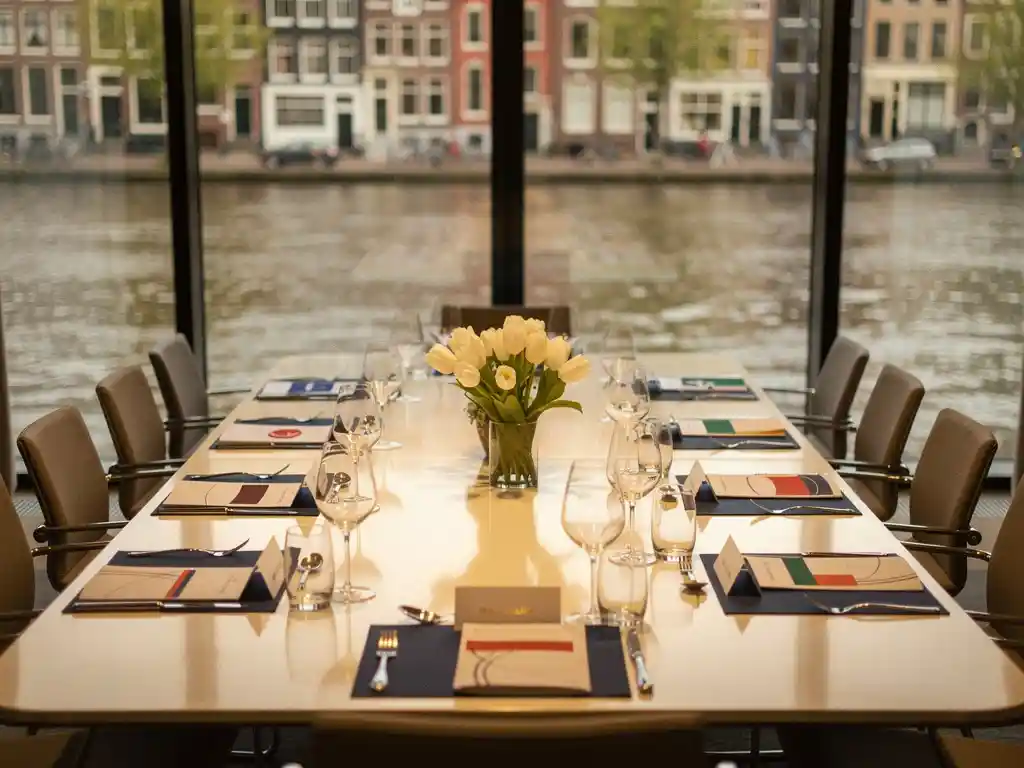 Conferentietafel met internationale naamplaatjes, witte tulpen als middelpunt en uitzicht op een Amsterdams kanaal op de achtergrond.