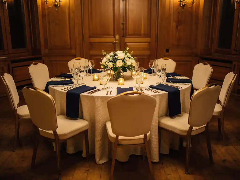 Feestelijk gedekte ronde banquettafel met kaarslicht, bloemen en gouden accenten in een Amsterdams grachtenpand voor een zakelijk jubileum.