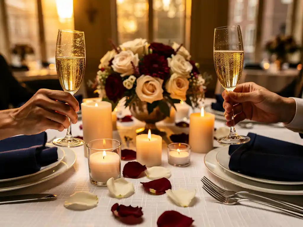Champagneglazen in toost geheven boven feestelijk gedekte tafel met rozenblad, kaarsen en cremekleurig bloemstuk tijdens personeelsjubileum in Amsterdam.