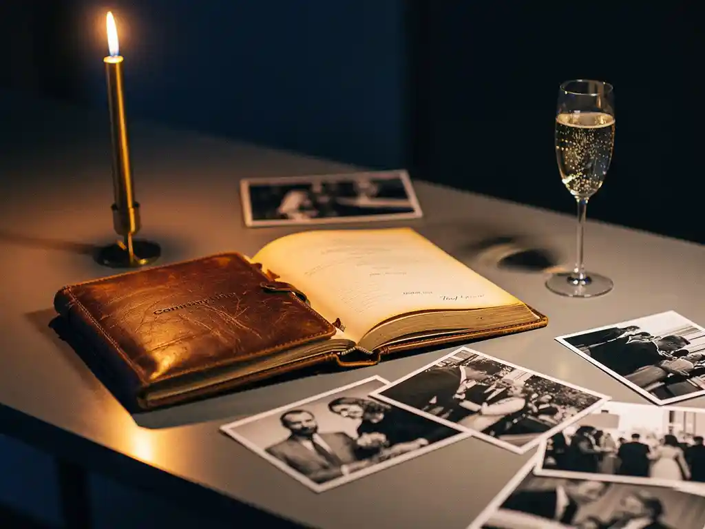 Opengeslagen vintage leren bedrijfsjournal op een moderne desk, omringd door jubileumattributen: gouden kaars, champagneglas en zwart-witfoto's.
