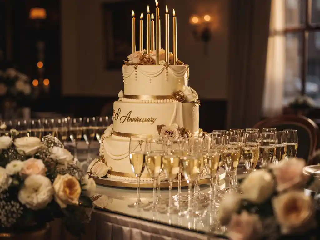 Feesttaart met gouden kaarsen en champagneglazen op een elegante banquettafel, omgeven door bloemen in warm kaarslicht.