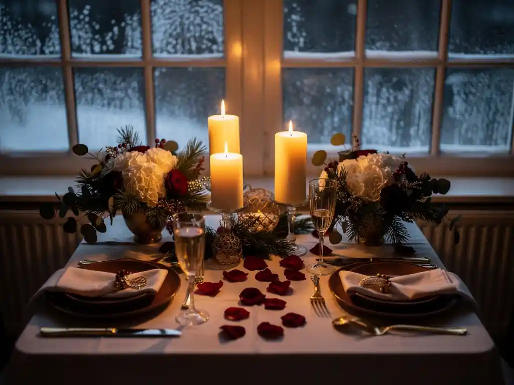 Kaarslicht anniversarydiner met champagneglazen, rozenblaadjes en witte bloemstukken op een feestelijk gedekte tafel in winterse sfeer.