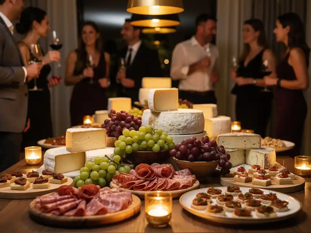 Elegante grazing table met ambachtelijke kazen, charcuterie, verse druiven en canapés, verlicht door kaarslicht en hanglampen.
