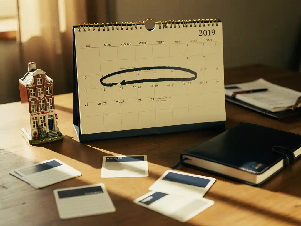 Opengeslagen bureaukalender met omcirkelde datum, omringd door planningskaarten, agenda en Amsterdams grachtenpandje in warm crème en marineblauw licht.