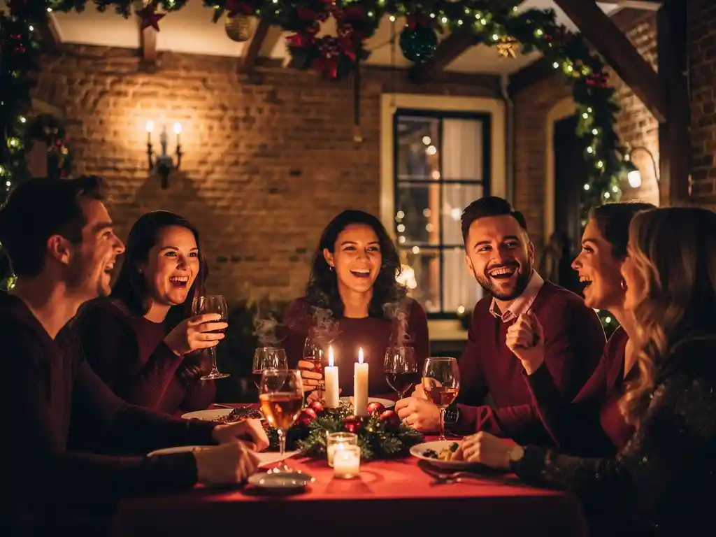 Collega's lachen samen rond een kaarsverlichte tafel in een Utrechts grachtenpand, met glühwein en wintergroen aan bakstenen muren.
