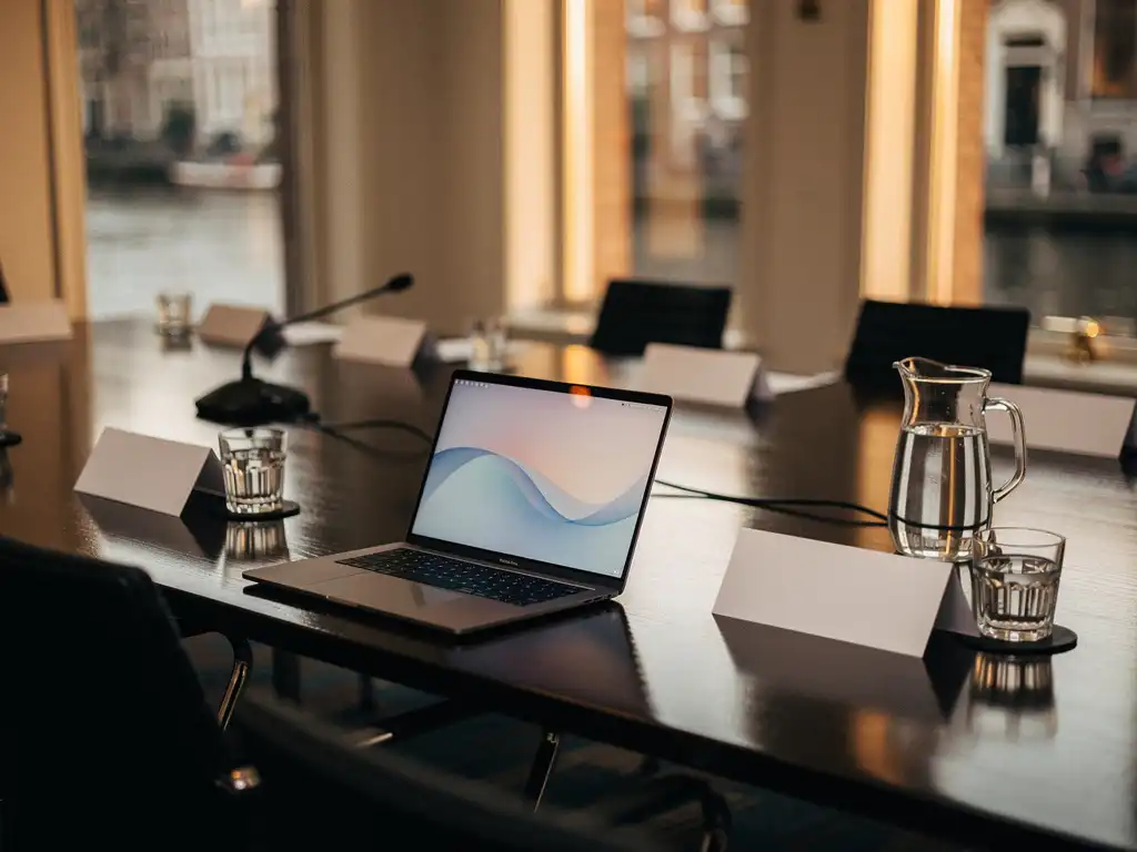 Laptop op conferentietafel met naambordjes, microfoon en waterkan in leeg Amsterdams seminarlocatie met warm kaarslicht.