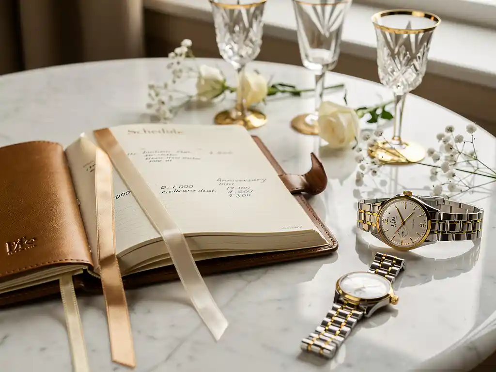 Leren planner met handgeschreven notities op marmeren tafel, omringd door champagneglazen, bloemensprietjes en een polshorloge in gouden jubileumstijl.