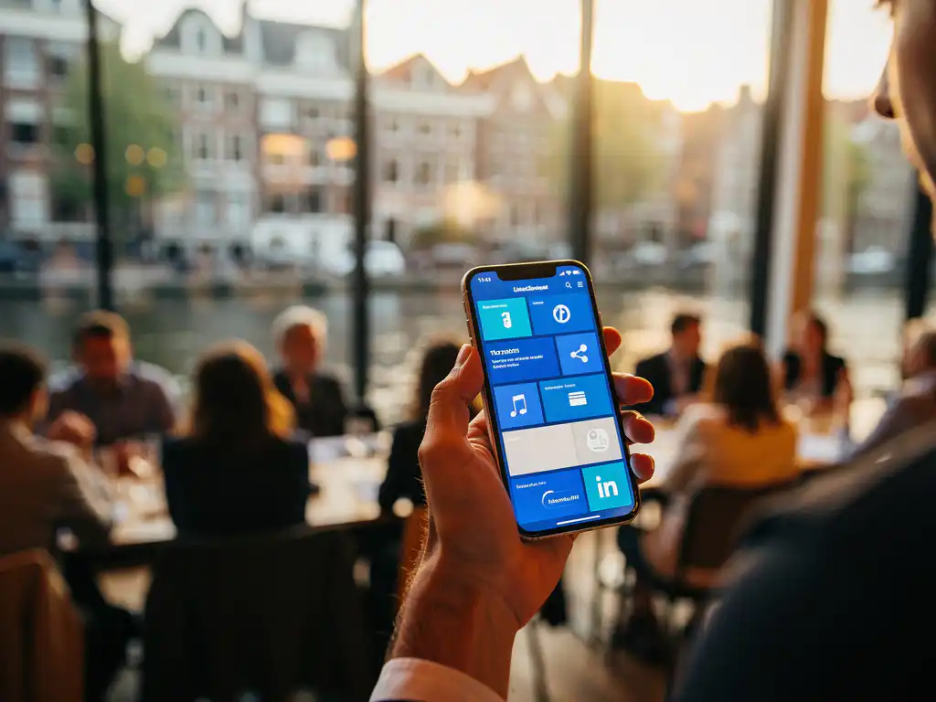 Professional houdt smartphone met LinkedIn-evenementpagina bij raam met uitzicht op Amsterdamse grachten en netwerkbijeenkomst op de achtergrond.