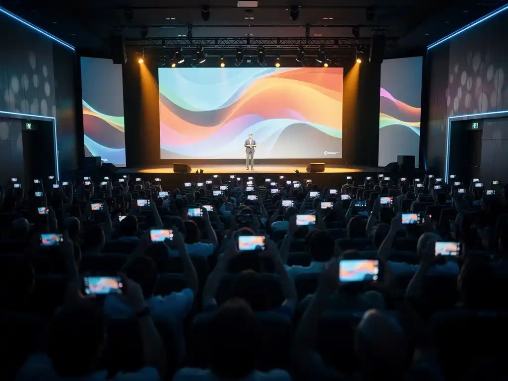 Spreker op verlicht podium terwijl honderden bezoekers smartphones omhoog houden tijdens live poll in moderne conferentiezaal.