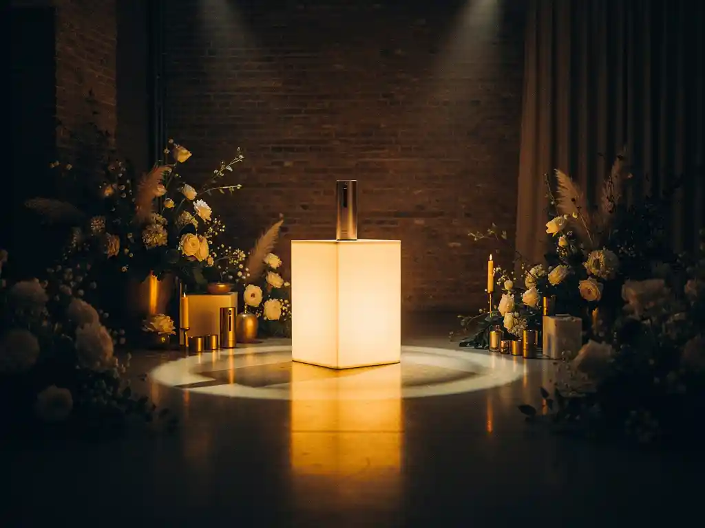 Verlicht productpodium met warme ambergloed, branded props en bloemstukken in een sfeervol Amsterdam pand met bakstenen muren.