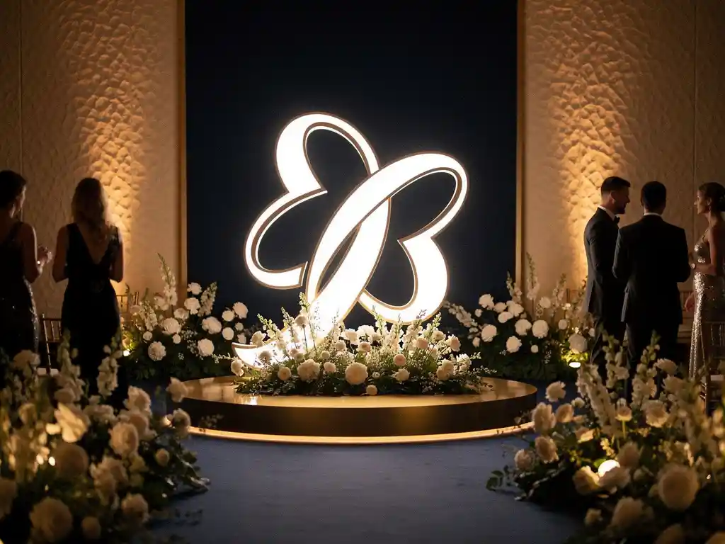 Verlicht merklogo als middelpunt van een stijlvolle evenementenruimte met bloemstukken, goudtinten en gasten op de achtergrond.