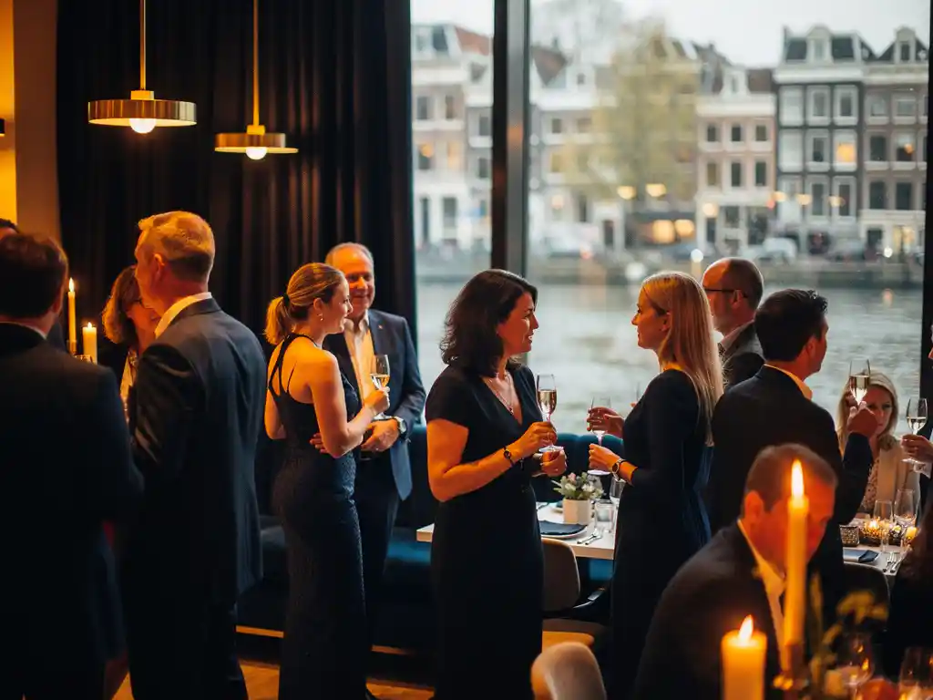 Elegante gasten met champagneglazen op een stijlvol brandevenement in Amsterdam, kaarslicht en gouden tinten, grachtzicht op de achtergrond.