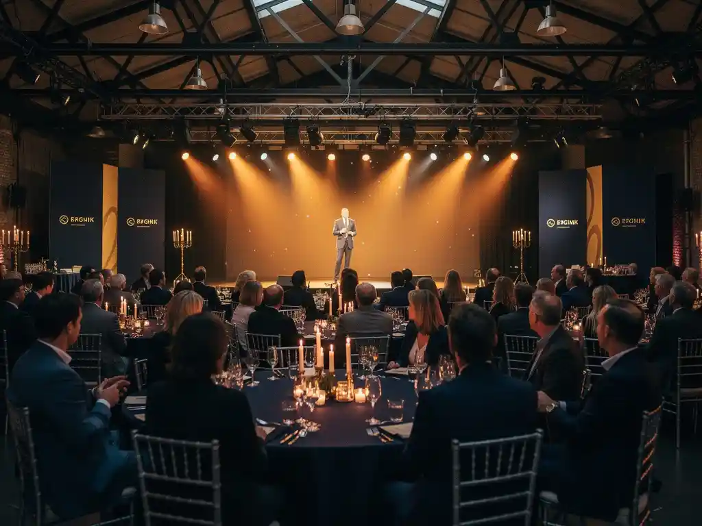 Spreker op verlicht podium tijdens bedrijfsevenement in Amsterdamse industriële zaal met publiek, marineblauw en gouden tonen.
