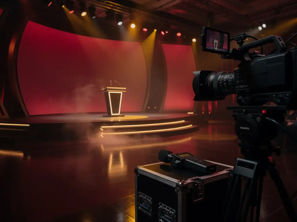 Theatraal evenementenpodium met karmozijnrode belichting, gebogen LED-schermen en een verlicht spreekgestoelte in een sfeervol, mistig decor.