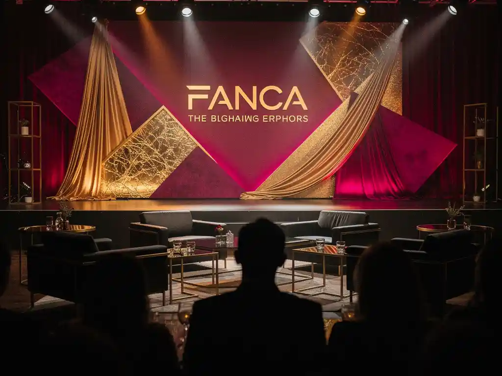 Feestelijk evenementpodium met magenta en gouden verlichting, geometrische stoffenpanelen en elegant zwart meubilair op de voorgrond.