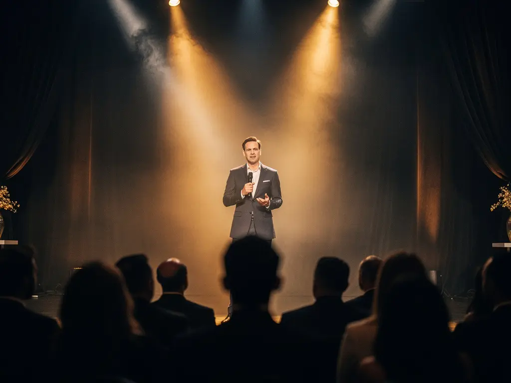 Merkstrateeg spreekt op dramatisch verlicht podium met amber spotlights, betrokken publiek op de voorgrond, sfeervolle corporate event setting.