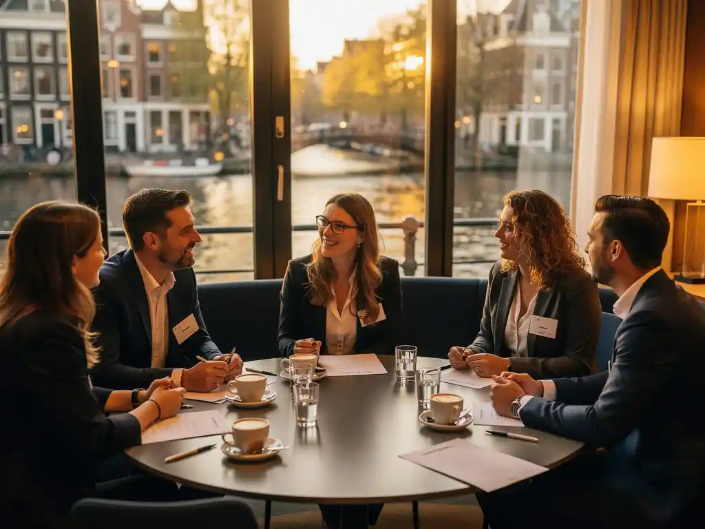 Professionals in gesprek rond een ronde tafel met naamkaartjes en koffie, gouden avondlicht door hoge ramen met Amsterdams kanaalzicht.