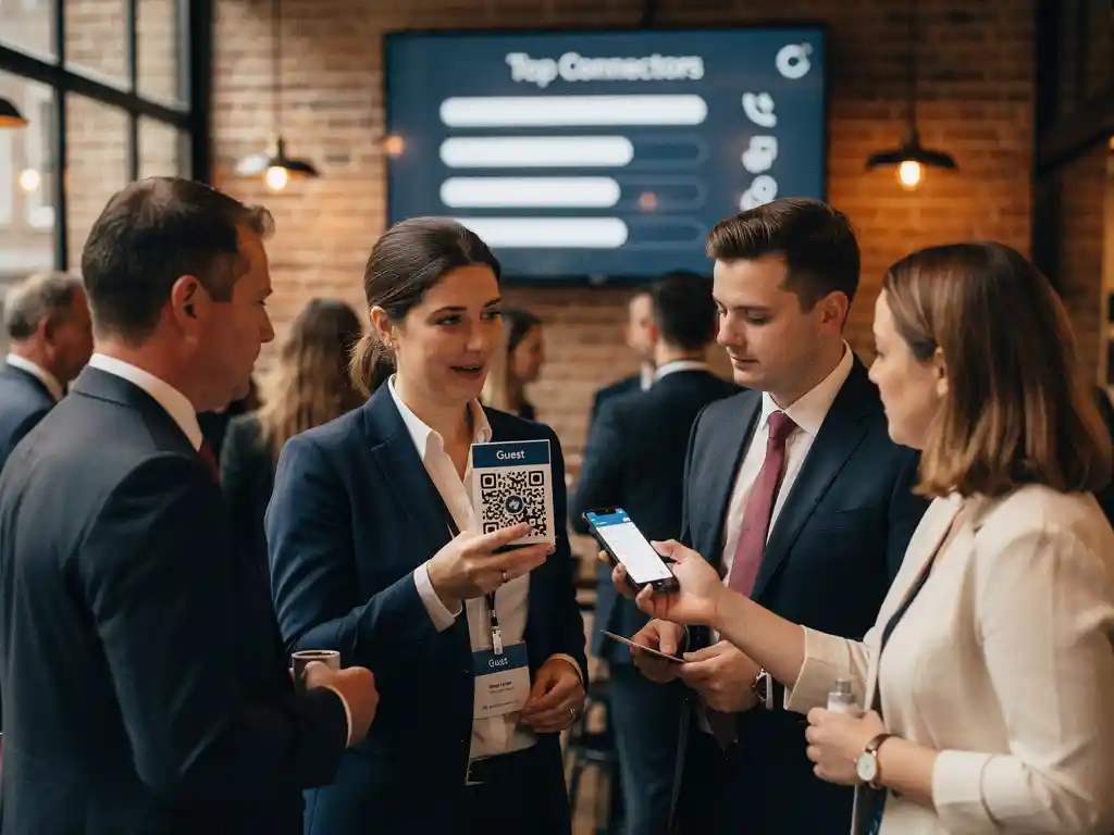 Professionals op een zakelijk netwerkevenement in Amsterdam; iemand scant een QR-badge terwijl een scorebord zichtbaar is op de achtergrond.