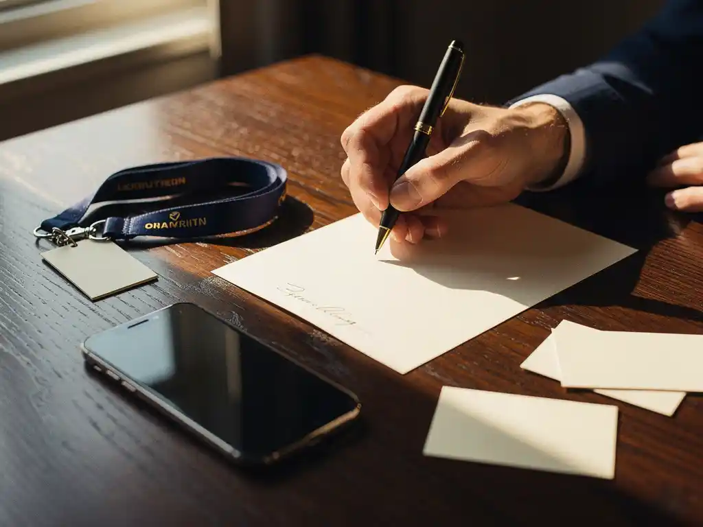 Hand schrijft persoonlijke noot op crèmekleurig briefpapier naast smartphone en visitekaartjes op donker eikenhouten bureau in Amsterdam.