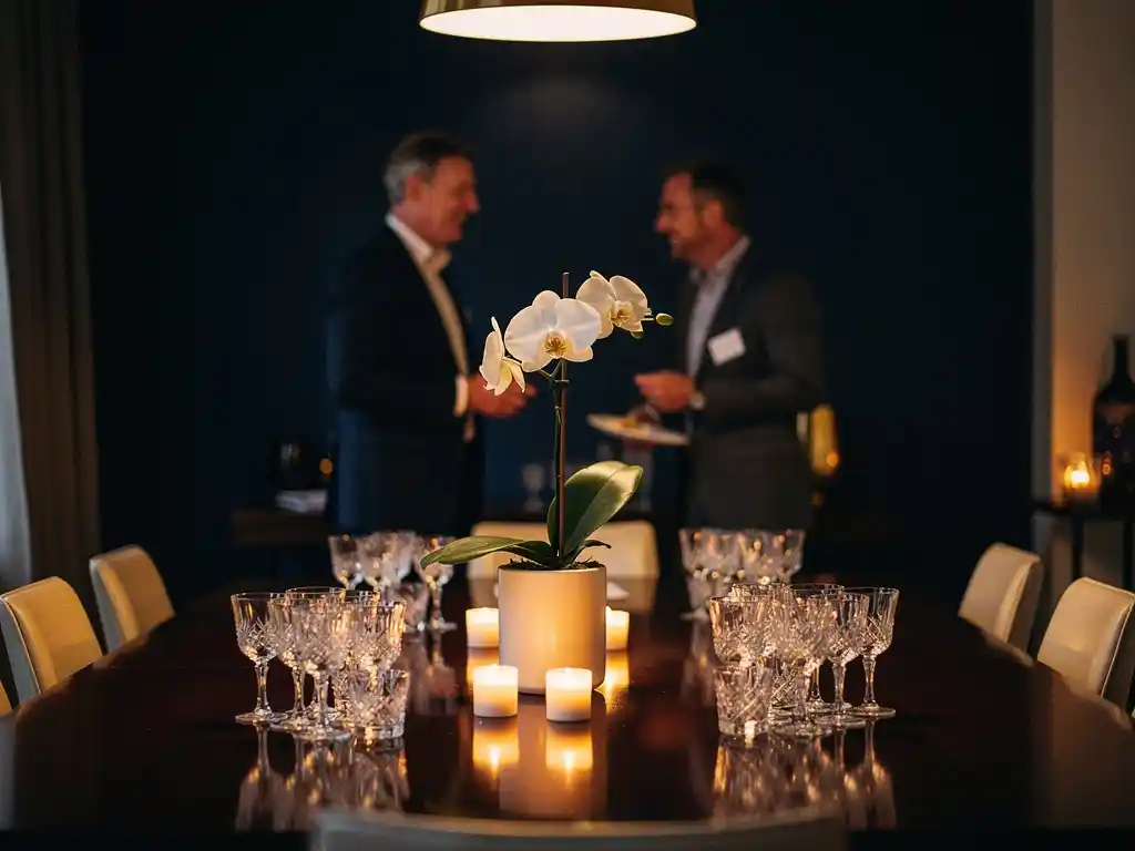 Elegante netwerkevent in Amsterdams grachtenpand met kristallen glazen, witte orchidee en kaarslicht op donker gepolijst hout.