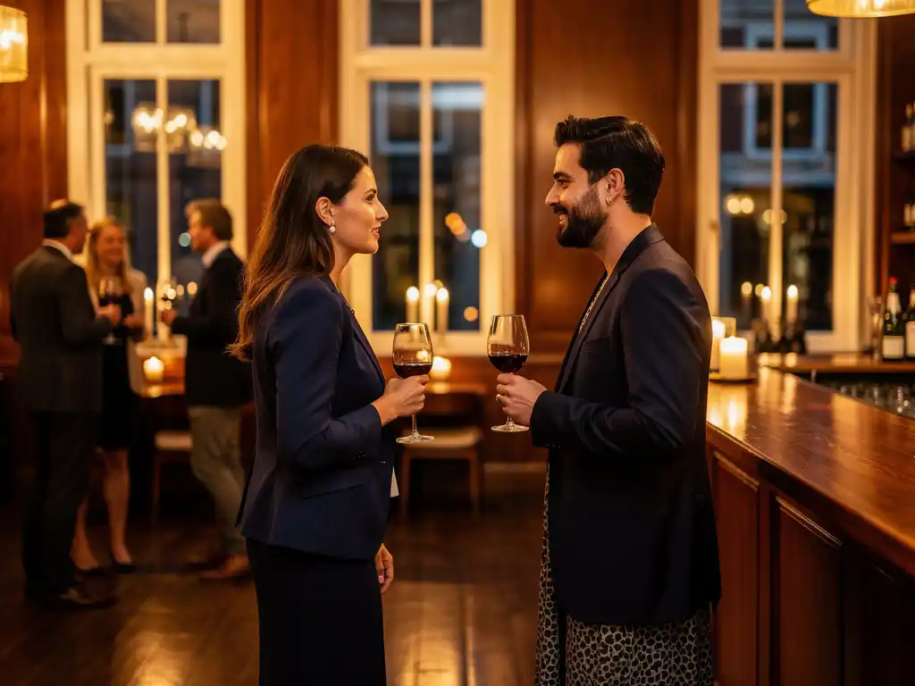 Twee gasten maken contact tijdens een netwerkborrel in een Amsterdams grachtenpand, met wijnglazen en kaarslicht.
