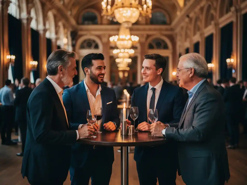 Professionals in gesprek rond een kaarsverlichte statafel tijdens een zakelijk netwerkevenement in een elegante Amsterdamse zaal.