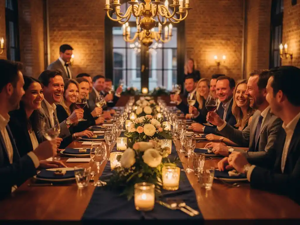 Collega's vieren een bedrijfsfeest in een Amsterdams grachtenpand met kaarslicht, bloemstukken en gouden kroonluchter.