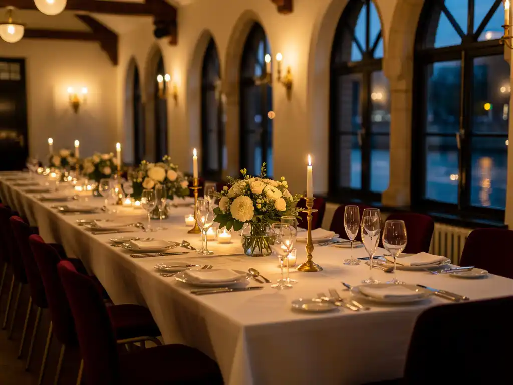 Feestelijk gedekte tafels met witte linnen en bloemstukken in een historische Nederlandse banketzaal met gewelfde ramen en kaarslicht.