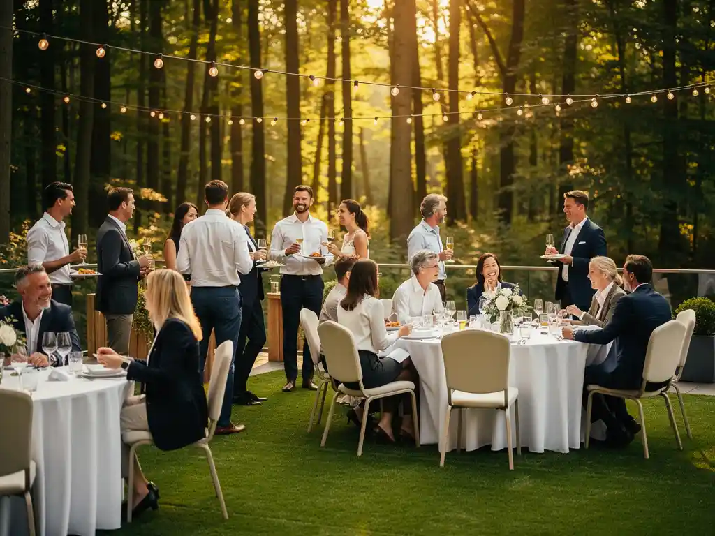 Vrolijk bedrijfsfeest op een zonnig terras aan de rand van een Nederlands beukenbos, met witte linnen tafels en sfeervolle prikkabels in gouden avondlicht.