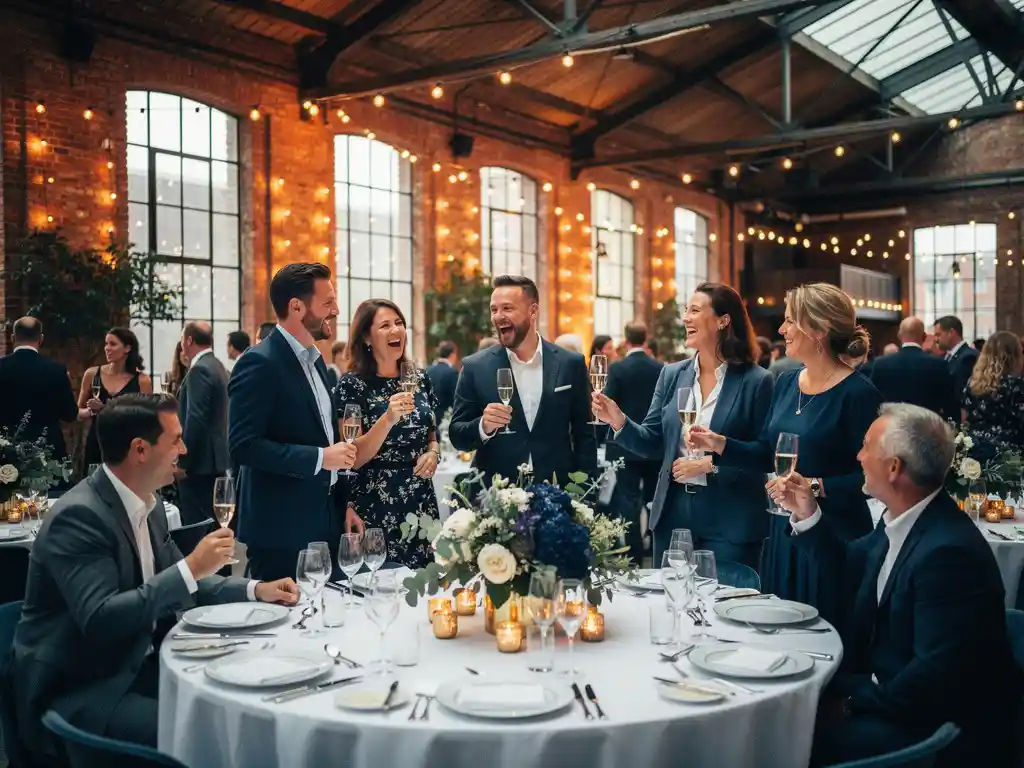 Collega's proosten met champagne tijdens een bedrijfsfeest in een industriële Rotterdamse locatie met sfeerlichten en bloemstukken.