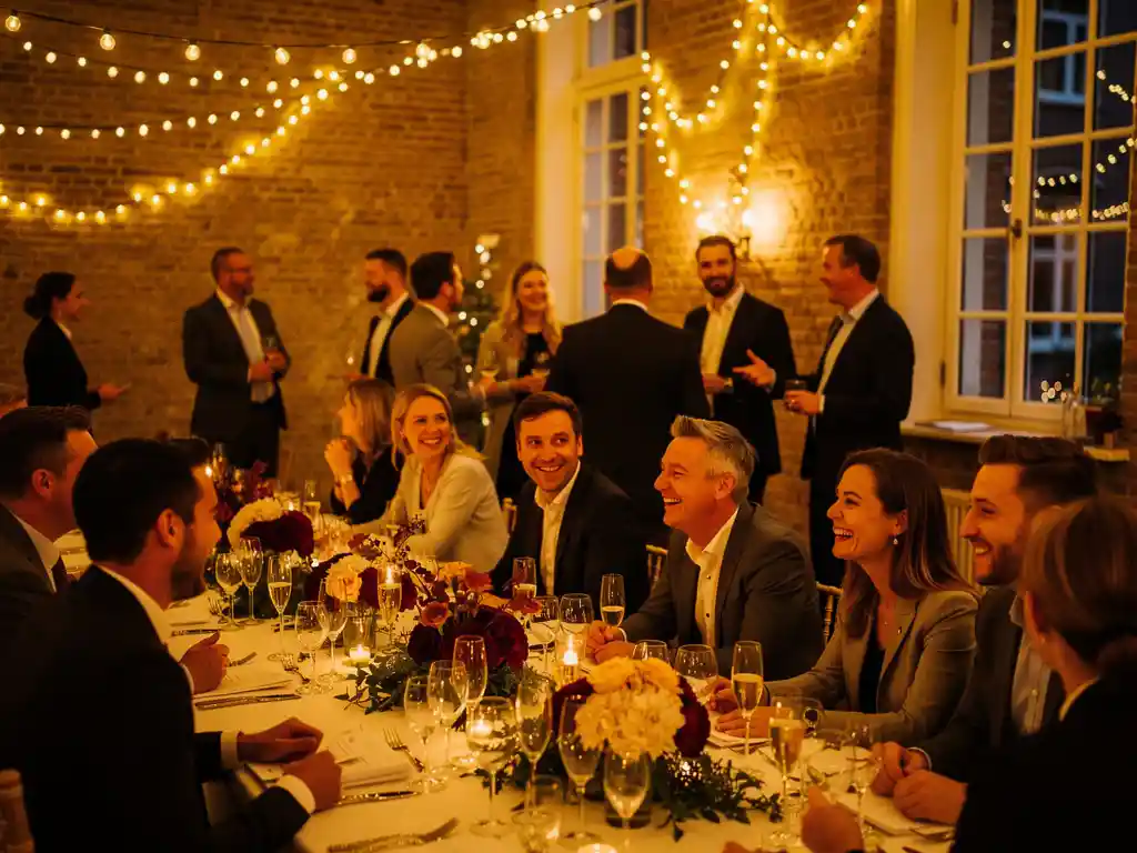 Collega's lachen samen tijdens een bedrijfsfeest in een sfeervolle Utrechtse locatie met slingerverlichting, bloemen en champagneglazen.