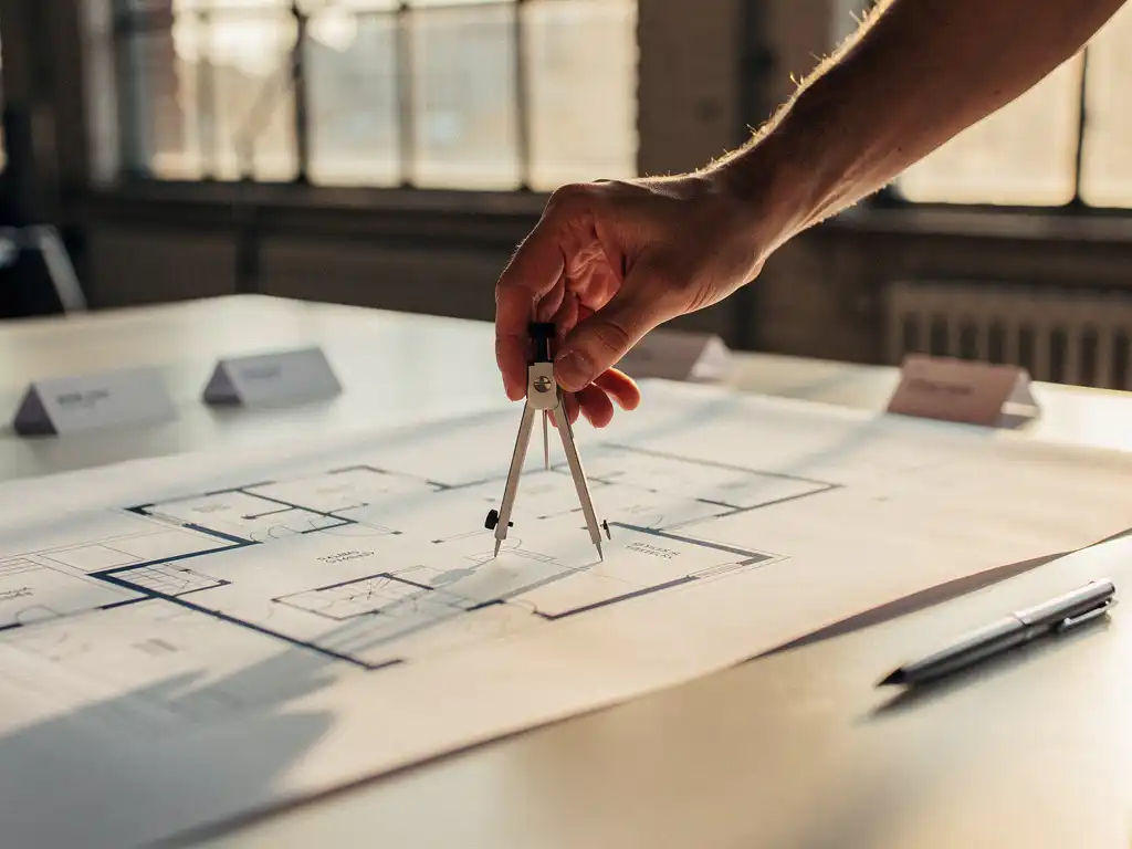 Hand plaatst kompas op een strak wit evenementenplattegrond met naamkaartjes, pen en goudkleurig licht in Amsterdams studio.
