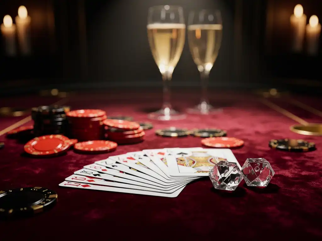 Rood fluwelen pokertafel met casino chips, uitgewaaierde speelkaarten en kristallen dobbelstenen bij kaarslicht.